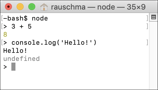 Figure 4: Starting and using the Node.js REPL (interactive command line).